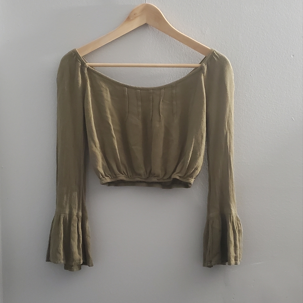 Olive Green Off the Shoulder Long Bell Sleeve Crop Top LA Hearts sz xS